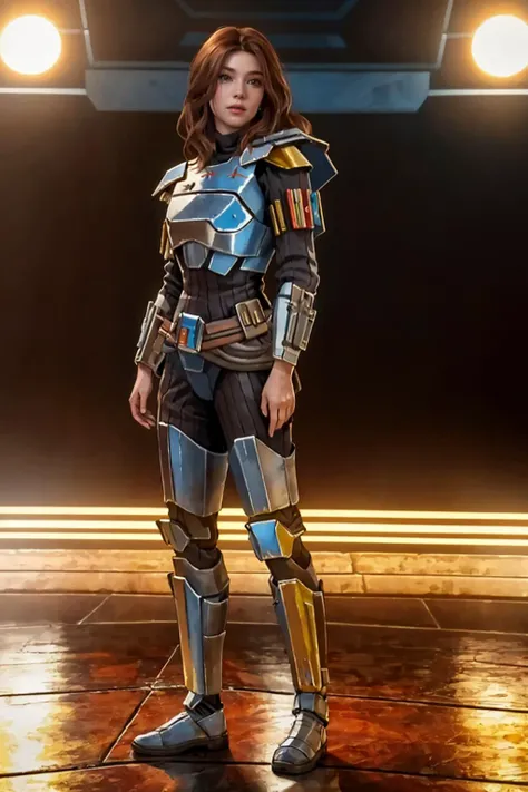 highres,absurdres,masterpiece,best quality,original,extremely detailed CG,extremely detailed wallpaper,perfect lighting,looking at viewer,bare hands,standing on stage,1girl,blurry background,
<lora:shaevizla:0.7>, shaevizla,mandalorian armor,long hair,redd...