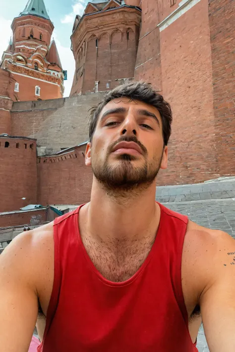 arafed man in red tank top sitting in front of a building