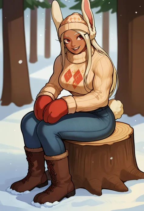 a cartoon picture of a woman sitting on a stump in the snow