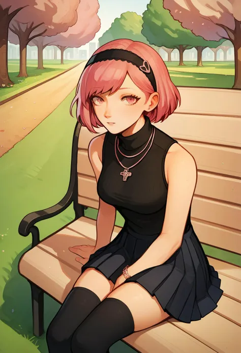 anime girl sitting on a bench in a park with trees