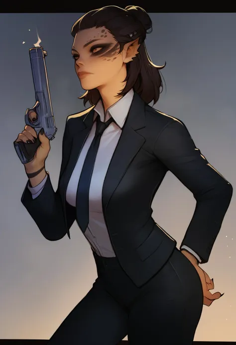 a woman in a suit holding a gun and a cigarette