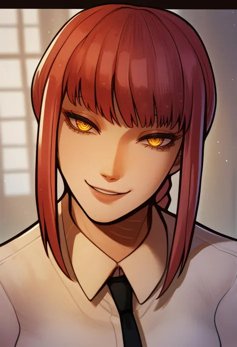 anime girl with red hair and a tie looking at the camera