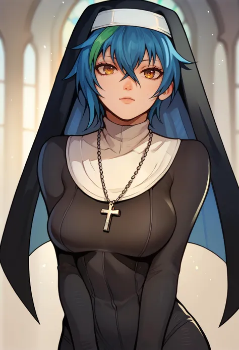 a cartoon nun with blue hair and a cross on her chest