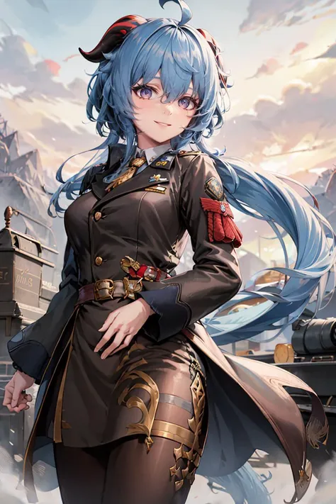 a woman in a brown dress and blue hair standing in front of a tank