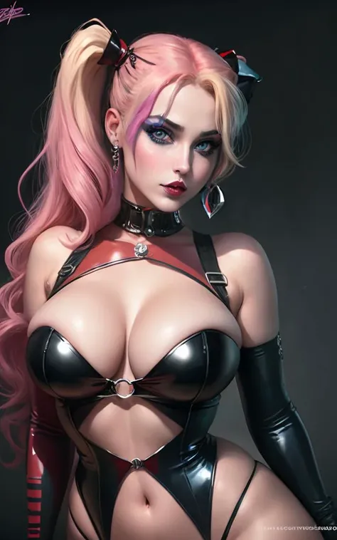 digital photography, 3/4 body portrait, a photograph of harley quinn, hourglass figure, cleavage, intense eye contact, (dominatrix aesthetic, barbiepunk), artistic erotica, detailed eyes, perfect face, (natural skin texture, highly detailed face), best qua...