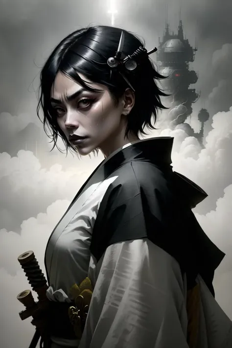 technoballx,[dark fantasy:science fiction:0.75],
(Cosplay as Rukia Kuchiki from Bleach) with a black kimono, short black hair, and a sword.,
dark themed,spotlight,volumetric lighting,steam,fog,
<lora:technoballx-000040:0.65>,
<lora:GoodHands-beta2:0.75>