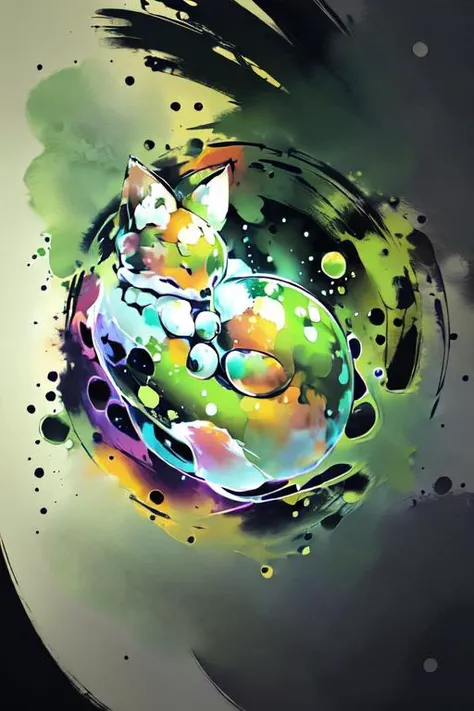 the fox is curled up into a ball and levitating in the center of the image, drops of green water levitate, jelly, dark background, detailed reflections, bright colors, watercolor art style, abstract expressionism, maximalism, brush strokes, ((blurred edges...