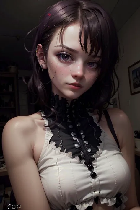 highres, masterpiece, perfect lighting, bloom, cinematic lighting, adult, female, looking at viewer, portrait, (RSEEmma:1.5)<lora:RSERomantic_RSESofiko_RSEEmma-v1:0.3>, goth girl, goth makeup, pale skin, bangs, short hair, jet black hair, purple eyes, scow...