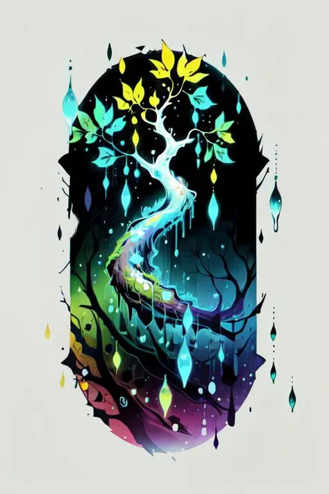 magical fantasy tree with bright leaves, fox drips under the tree, rain, drops of green water levitate, reflections in raindrops, ((dark background)), bright colors, watercolor art style, abstract expressionism, maximalism, brush strokes, ((blurred edges o...