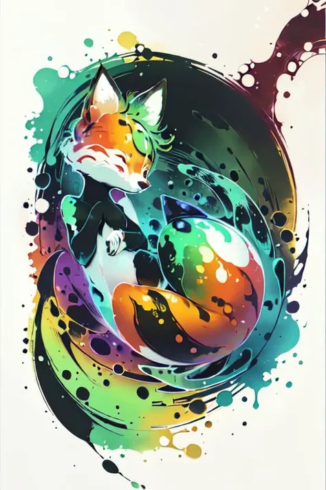 the fox is curled up into a ball and levitating in the center of the image, drops of green water levitate, jelly, dark background, bright colors, watercolor art style, abstract expressionism, maximalism, brush strokes, ((blurred edges of the picture)),  <l...