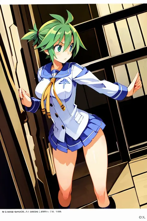 anime girl in uniform standing in front of a jail cell