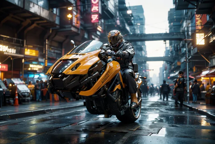 araffe riding a motorcycle on a wet city street in the rain