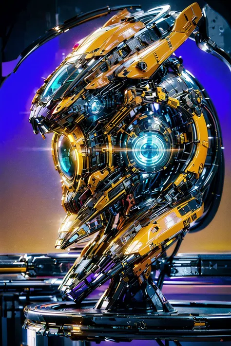 a close up of a robot head on a table with a blue background