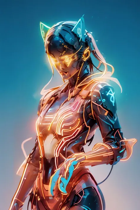 a woman in a futuristic suit with glowing lights on her face