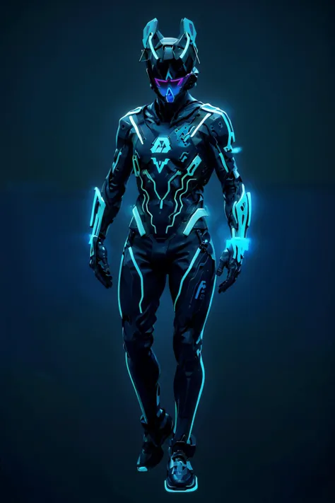 a man in a futuristic suit with glowing lights on his body