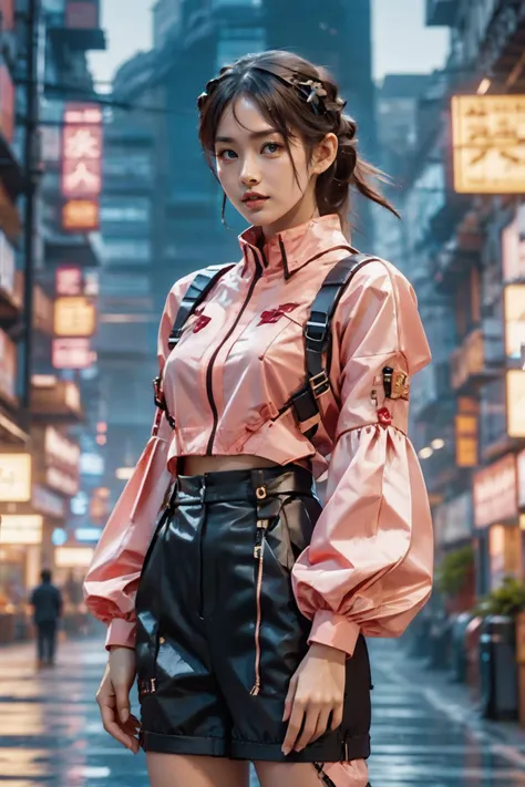 a woman in a pink shirt and black leather shorts standing in the rain