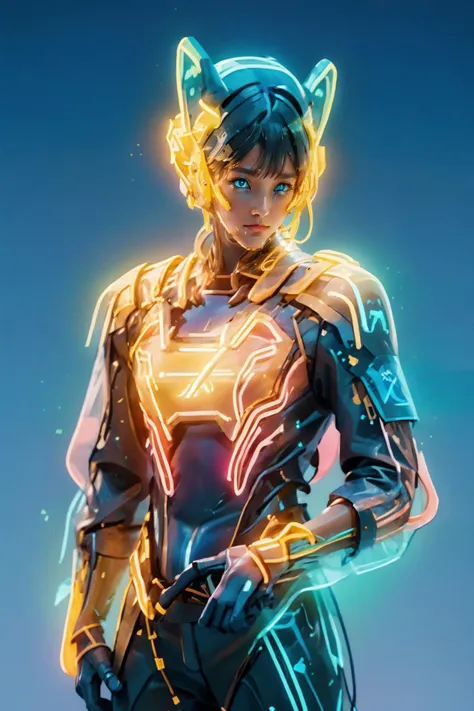 a woman in a futuristic outfit with glowing lights on her chest