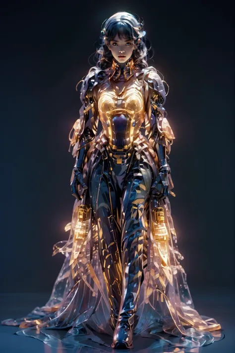 a woman in a gold and silver costume standing in a dark room