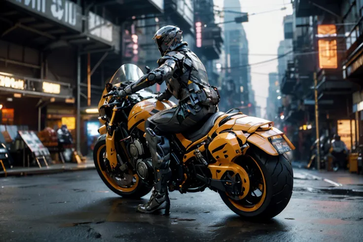 Man armor sitting on motorcycle,futuristic city background,