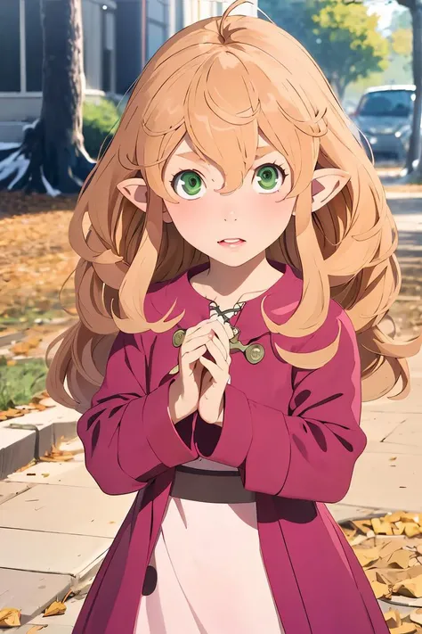 (masterpiece, best quality), 1girl,   <lora:RobinaV1.1:1> robina, 1girl, solo, hair between eyes, blonde hair, green eyes, ahoge, pointy ears, child, long hair,  long sleeves, pink dress, outdoors, park, |