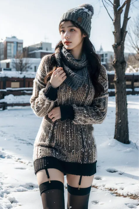 1girl, solo, skinny, slim legs, pale skin, smooth skin, beauty, light makeup, medium breasts,  
sweater dress, black thighhighs, knit scarf, beanie, 
outdoors, snowing, winter, 
(masterpiece:1.2), best quality, ultra high res, raw photo, perfect lighting, ...