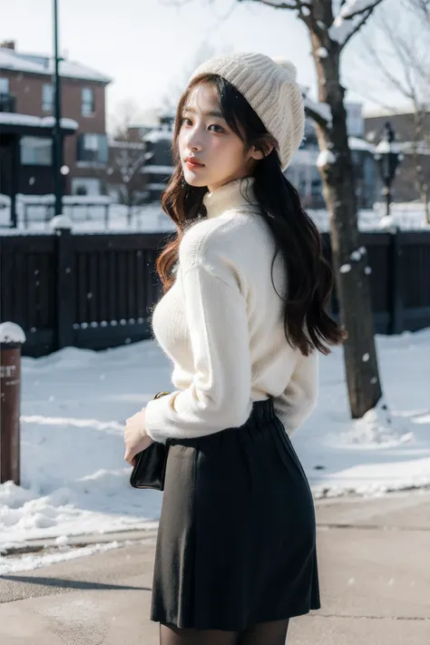 1girl, solo, skinny, slim legs, pale skin, smooth skin, beauty, light makeup, medium breasts, arms behind back, 
turtleneck sweater, midi skirt, pantyhose, wool beret, handbag, 
outdoors, snowing, winter, 
(masterpiece:1.2), best quality, ultra high res, r...