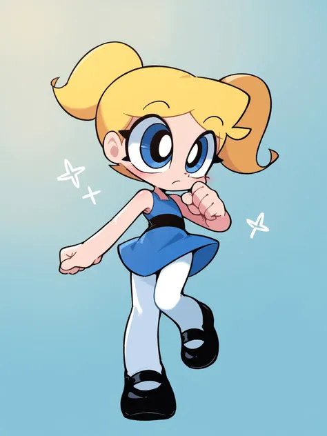 a cartoon girl with blonde hair and blue dress dancing