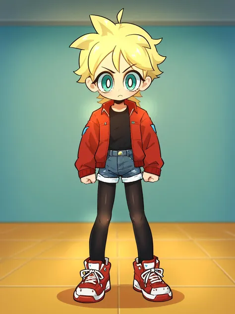 a cartoon boy with blonde hair and blue eyes standing in a room