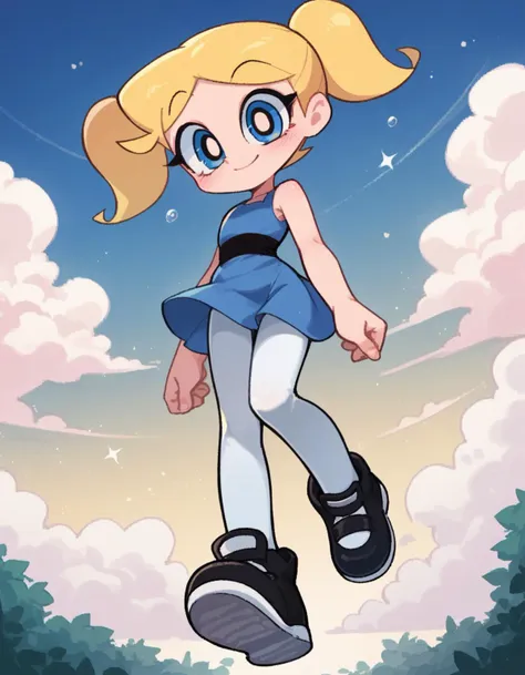 a cartoon girl with blonde hair and blue eyes is flying through the air