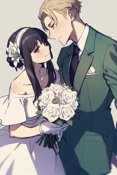 anime - style picture of a bride and groom kissing in front of a white background