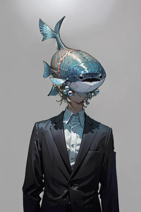 a close up of a person wearing a suit and a shark head