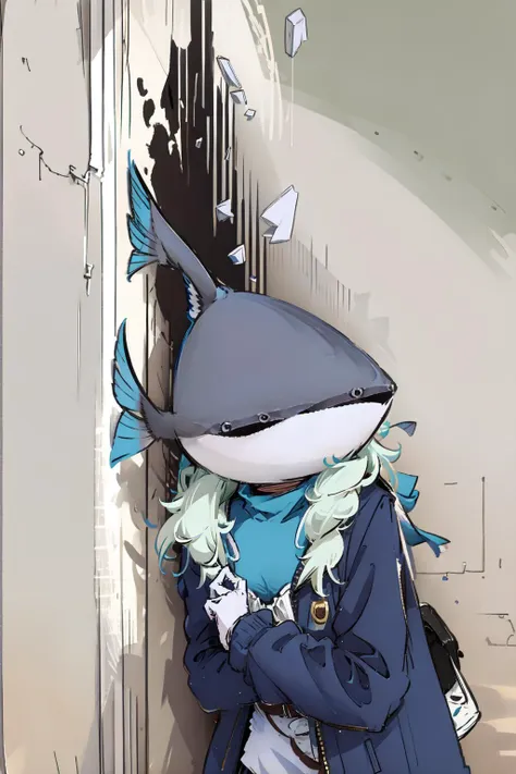 anime character with shark head and blue coat leaning against wall