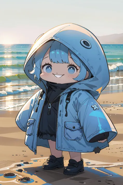 a cartoon girl in a blue jacket standing on a beach