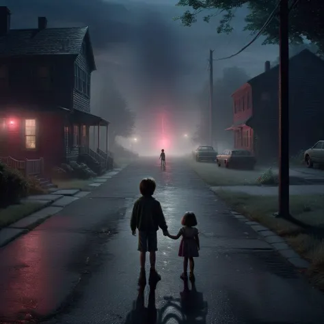 professional 3d model boy standing in the street holding a little girls hand, in Gregory Crewdson,  alien-like creatures in the distance walk towards us, a dim red light in the foggy night sky ahead, a house lights on showing the darkness and danger to him...