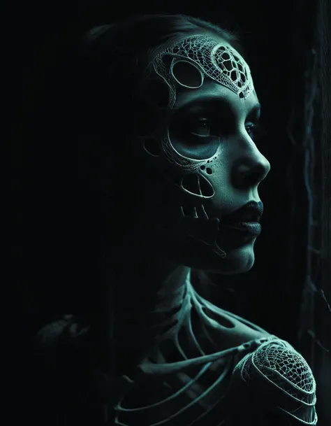 a woman with a skeleton face and a skeleton body in the dark