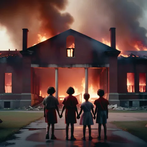 cinematic photo <lora:Gregory Crewdson Style:1>Gregory Crewdson Style - Gregory crewdson, a group of kids holding hands standing outside a creepy hospital derelict and in ruins flames and smoke billow from windows,  creepy and dark, red light glowing in th...