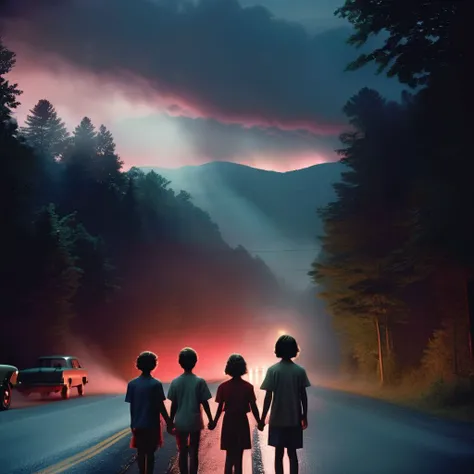 cinematic photo <lora:Gregory Crewdson Style:1>Gregory Crewdson Style - driving through the smoky mountains at night Gregory crewdson, a group of kids holding hands blocking the road, creepy and dark, red light glowing in the sky . 35mm photograph, film, b...