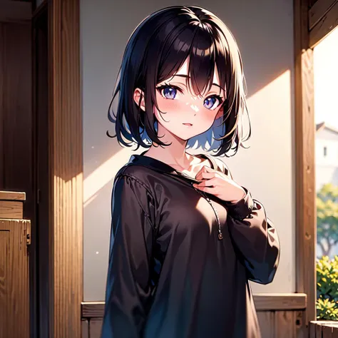 anime girl with blue eyes and black hair standing in front of a window