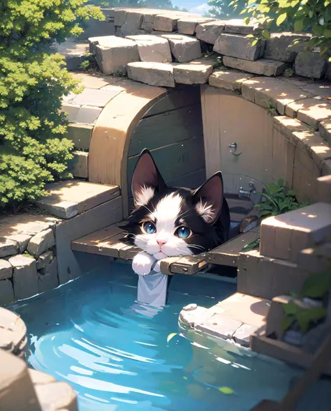 there is a cat that is sitting in a small pool