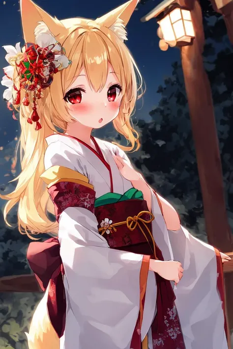 1girl, blonde hair, red eyes, fox ears, hair flower, japanese clothes, :o, looking at viewer, blush, hair ornament, outdoors,