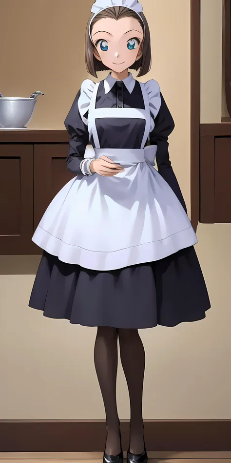 anime character dressed in maid outfit standing in kitchen with bowl of soup