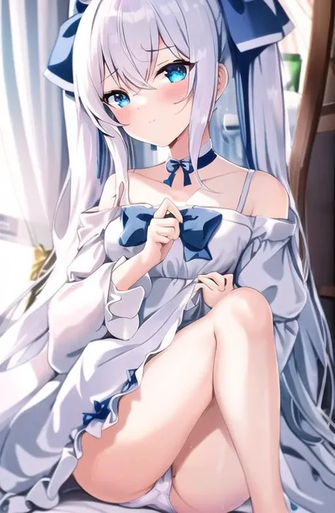 1girl, ass, bangs, bare_shoulders, blue_bow, blue_eyes, blue_ribbon, blush, bow, breasts, choker, closed_mouth, clothes_lift, collarbone, curtains, dress, dress_lift, eyebrows_visible_through_hair, hair_between_eyes, hair_bow, lifted_by_self, long_hair, lo...