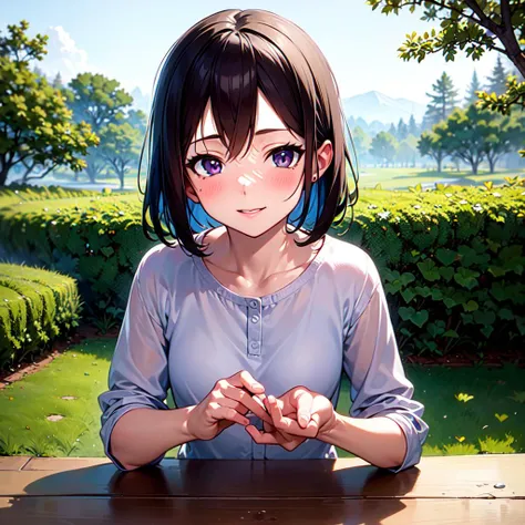 anime girl with blue hair sitting at a table in front of a green field