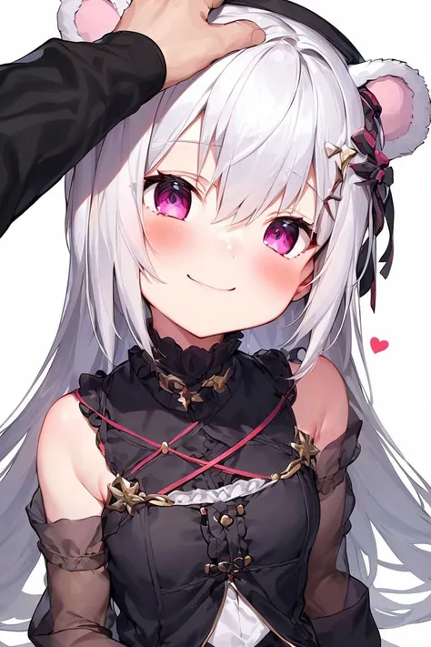 anime girl with white hair and pink eyes wearing a black outfit