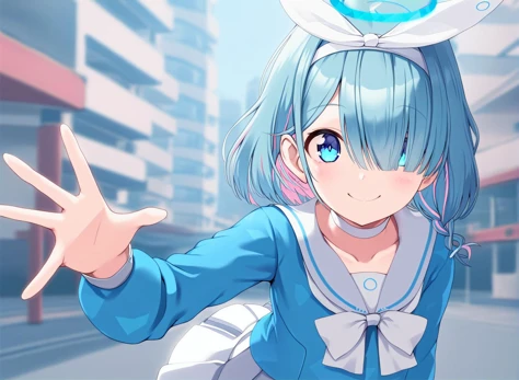 anime girl with blue hair and bunny ears in a city