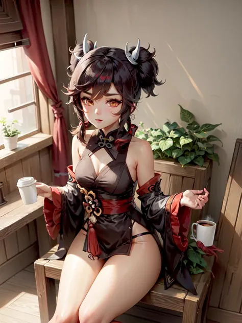 <lora:XinyanV2-000004:.55> xinyan (genshin impact), genshin impact, twintails, spikes, indoors, coffee