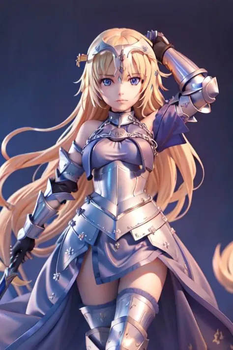 masterpiece, best quality,1girl, solo, long hair, blonde hair, jeanne darc (fate), armor, blue eyes, weapon, sword, armored dress, gauntlets, headpiece, jeanne darc (third ascension) (fate),(kbxll:0.6),full body, chibi, <lora:Jeanne:1> <lora:blindbox_v1_mi...