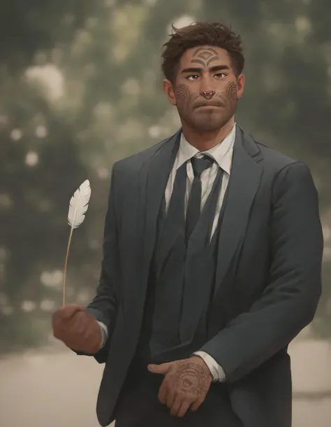 there is a man in a suit and tie holding a feather