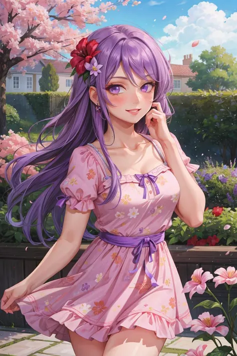 anime girl with purple hair and purple dress walking in a garden