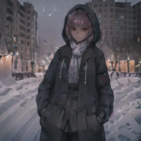 1girl, outdoors, snow, coat, jacket, building, arknights, scarf, night, long sleeves, snowing, looking at viewer, sky, standing, city, hood, winter, winter clothes, closed mouth, hands in pockets, cityscape, hood down, lamppost, open clothes, shirt, night ...